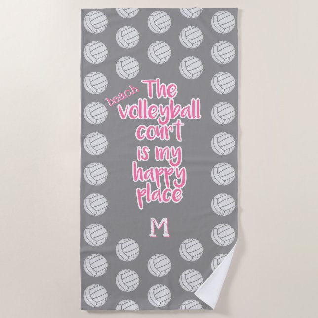 beach volleyball court happy place monogrammed towel (Front)