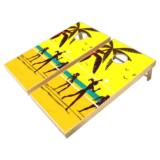 Beach Volleyball Palm Sand Ocean Cornhole Set (Angled)