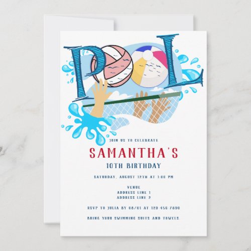 Beach Volleyball Pool Summer Swimming Birthday Invitation