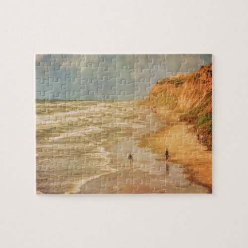 Beach walk seascape cliffs vintage painting jigsaw puzzle