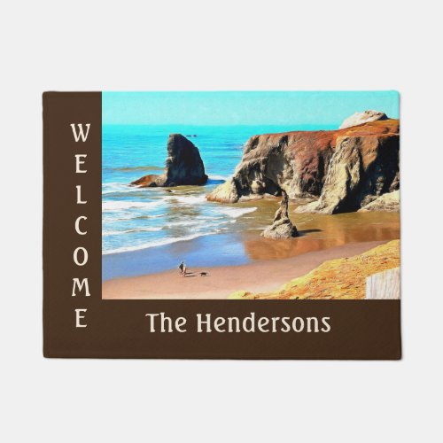 Beach Walk with Dog at Bandon Face Rock Welcome Doormat