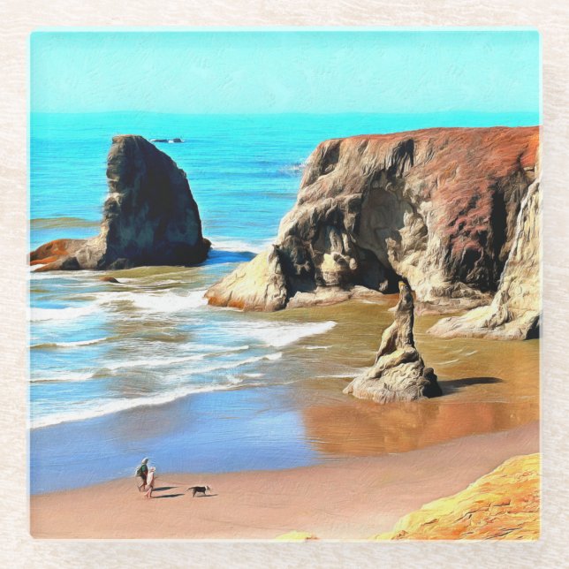 Beach Walk with Dog at Face Rock Park in Bandon Glass Coaster (Front)