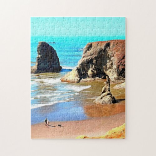 Beach Walk with Dog at Face Rock Park in Bandon Jigsaw Puzzle