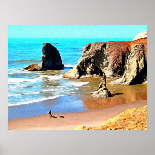 Beach Walk with Dog at Face Rock Park in Bandon Poster