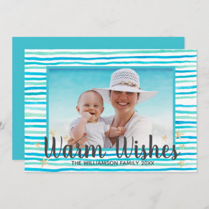 Beach Warm Wishes Turquoise Stripes Holiday Card