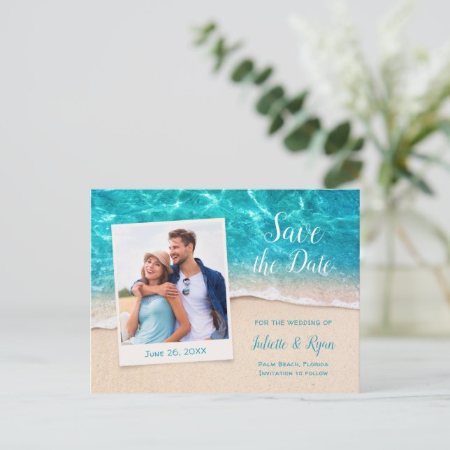 Beach Water and Sand Photo Save the Date Postcard (Standing Front)