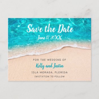 Beach Water And Sand Save The Date Announcement Postcard by marlenedesigner at Zazzle