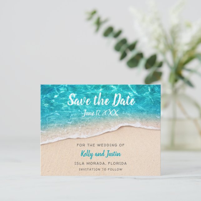 Beach Water and Sand Save the Date Announcement Postcard (Standing Front)