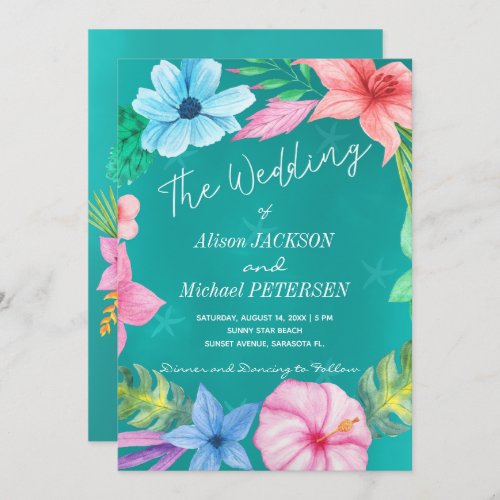 Beach water blue tropical floral wreath wedding invitation