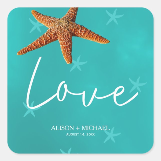 Beach water blue turquoise love starfish wedding square sticker (Front)