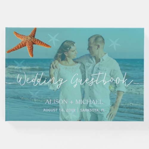 Beach water blue turquoise starfish wedding photo guest book