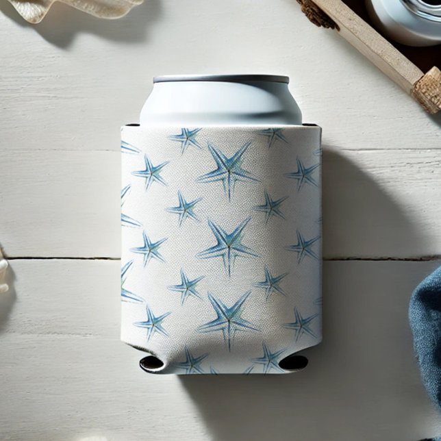 Beach Watercolor Blue Starfish Can Cooler (Starfish can cooler watercolor art by Victoria Grigaliunas Do Tell A Belle)