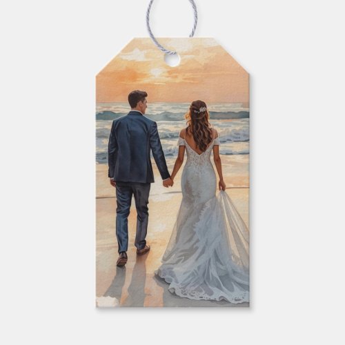 Beach Watercolor Bride &amp; Groom Painted Wedding Gift Tags