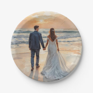 Beach Watercolor Bride & Groom Painted Wedding Paper Plates