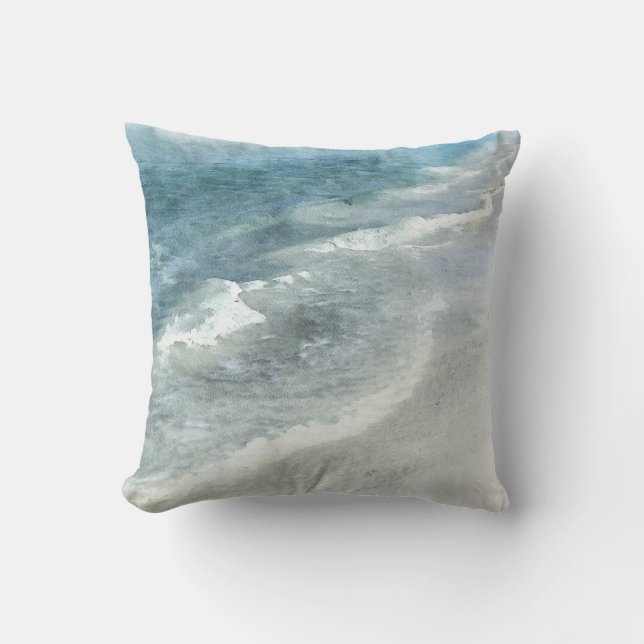 Beach Watercolor - Coastal Teal Dark Blue Waves Throw Pillow (Front)
