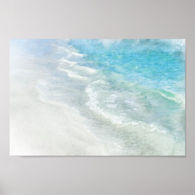 Beach Watercolor - Coastal Teal Light Blue Waves Poster (Front)