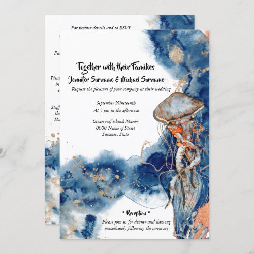 Beach watercolor jelly fish navy orange wedding invitation