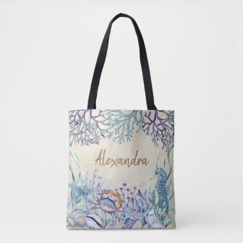 Beach Watercolor Ocean Sea Life Personalized Tote Bag