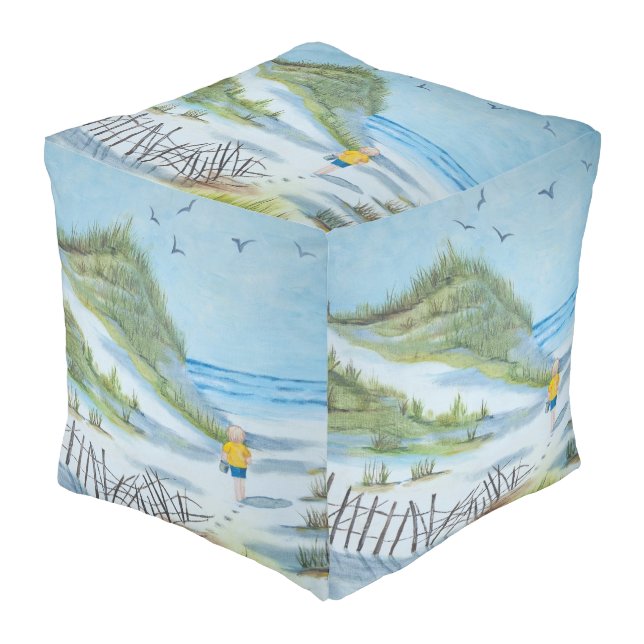 Beach Watercolor Painting Pouf (Angled Front)