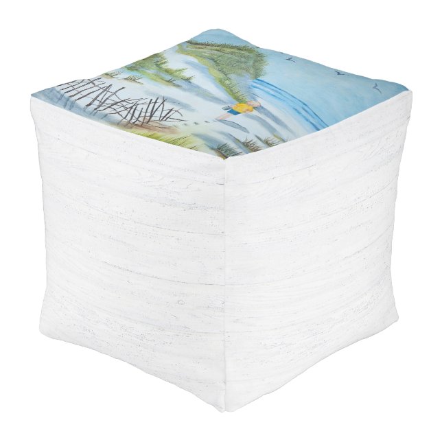 Beach Watercolor Painting Pouf (Angled Front)