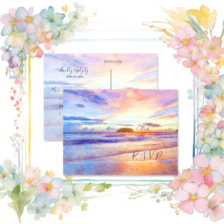 Beach Watercolor Pink Sunrise RSVP Invitation Postcard