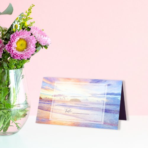 Beach Watercolor Pink Sunrise Wedding Place Card