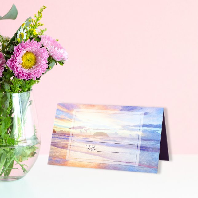 Beach Watercolor Pink Sunrise Wedding Place Card (Creator Uploaded)