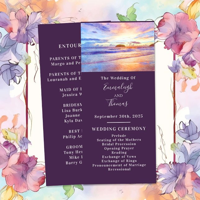 Beach Watercolor Pink Sunrise Wedding Program (Creator Uploaded)
