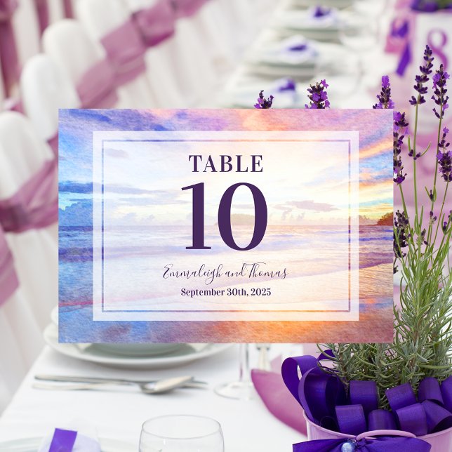 Beach Watercolor Pink Sunrise Wedding Table Number (Creator Uploaded)