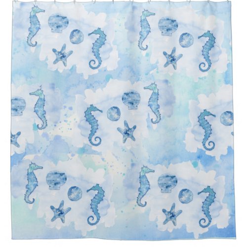 Beach Watercolor Seahorse Sand Dollar Starfish Shower Curtain