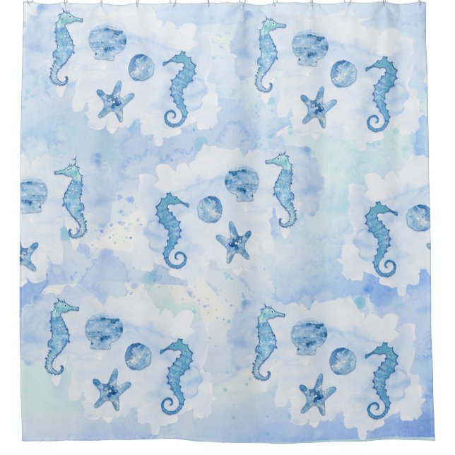 Beach Watercolor Seahorse Sand Dollar Starfish Shower Curtain (Front)