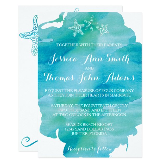Beach Watercolor Starfish Ocean Wedding Invitation