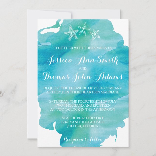 Beach Watercolor Starfish Ocean Wedding Invitation (Front)