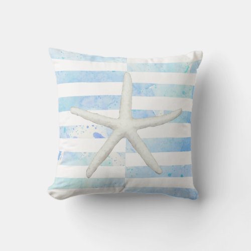 Beach Watercolor Starfish Wide Striped Blue White Throw Pillow