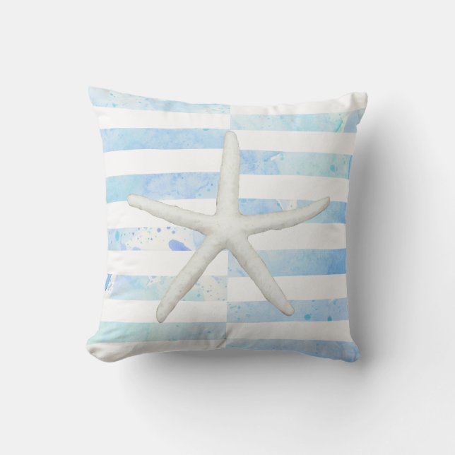Beach Watercolor Starfish Wide Striped Blue White Throw Pillow (Front)