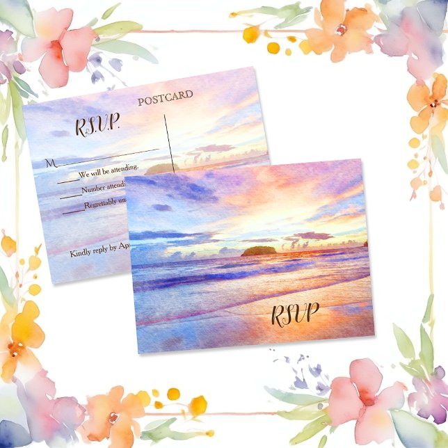 Beach Watercolor Sunrise RSVP Invitation Postcard (Creator Uploaded)