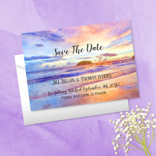 Beach Watercolor Sunrise Save The Date Invitation