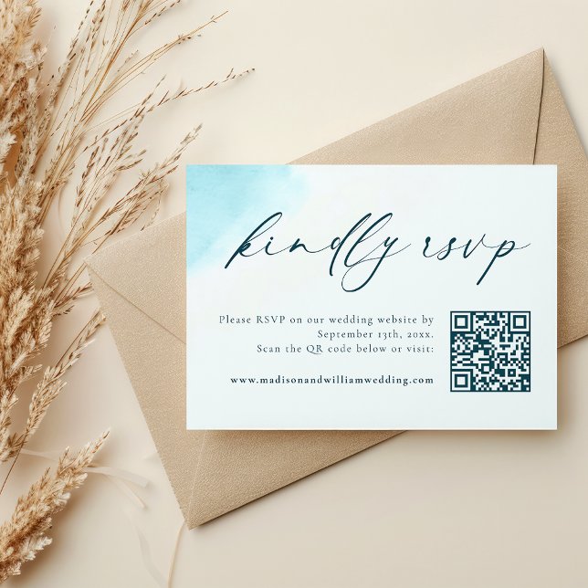 Beach Watercolor Wedding RSVP QR Code Card (Creator Uploaded)