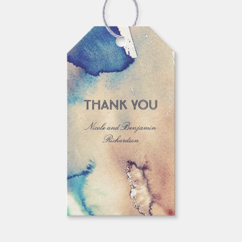 Beach Watercolors Vintage Wedding Gift Tags - Beach wedding thank you tag with navy, sandy and vintage watercolors