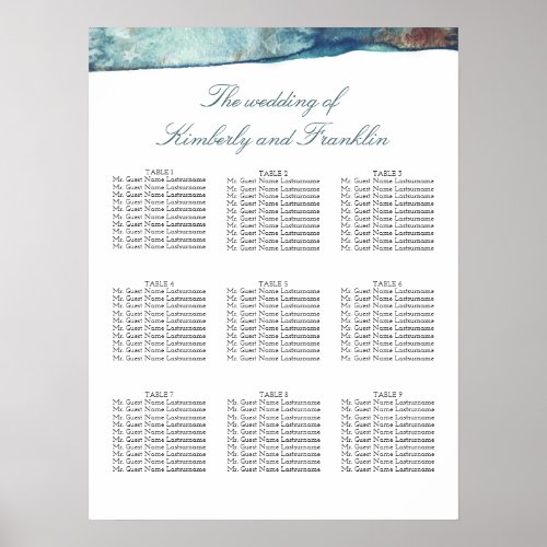 Beach Watercolors Wedding Seating Chart - Seaside watercolors modern wedding seating chart