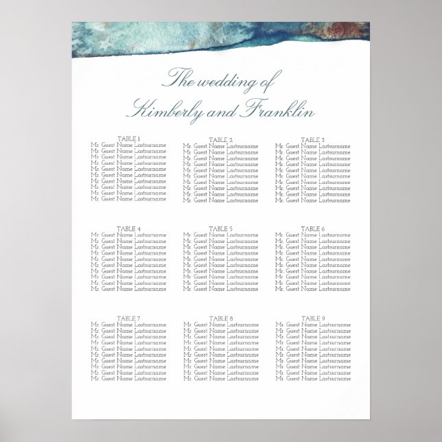 Beach Watercolors Wedding Seating Chart (Front)