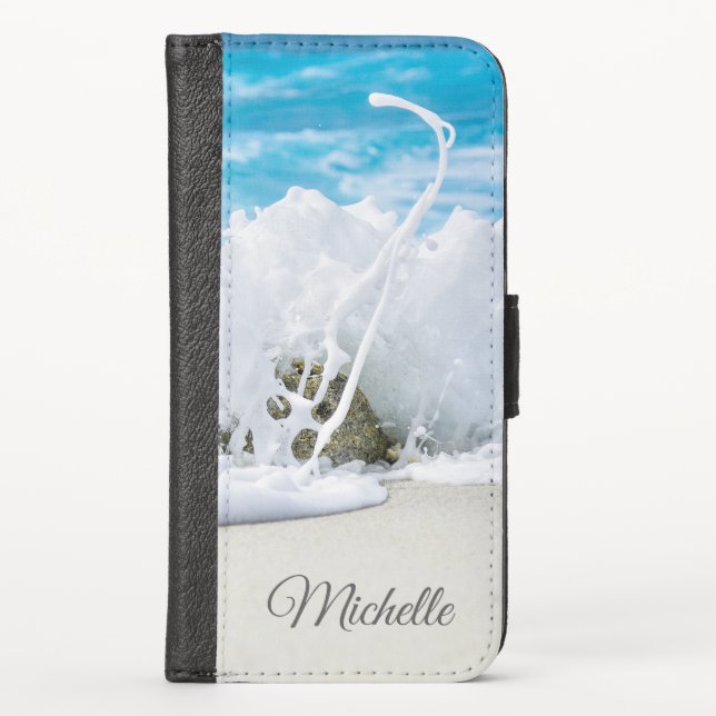 Beach Wave Splash Personalized Name iPhone Wallet Case (Front)