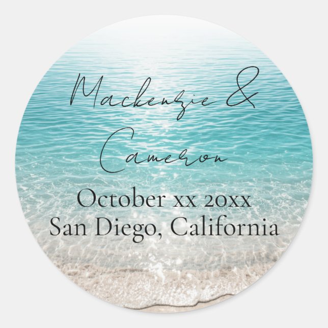 Beach Waves & Clear Water Tropical Custom Name Classic Round Sticker (Front)