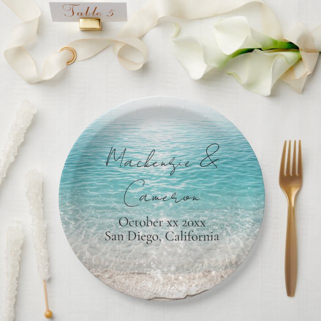 Beach Waves & Clear Water Tropical Custom Name Paper Plates (Wedding)