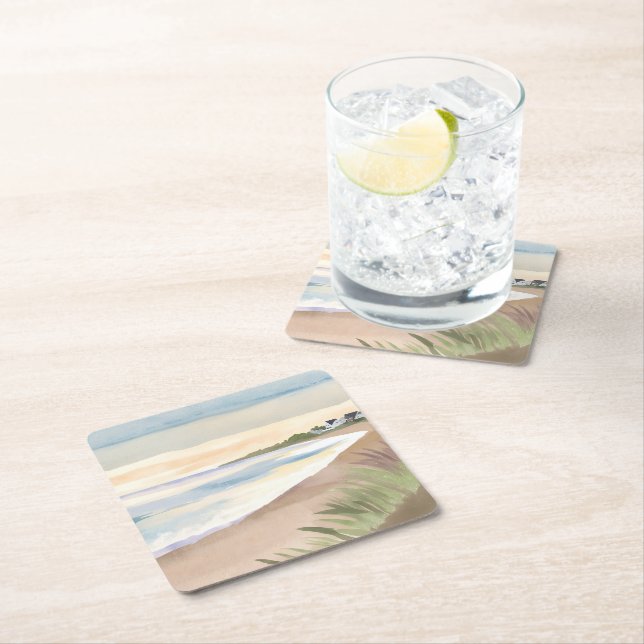 Beach Waves | Coastal Ocean Watercolor Square Paper Coaster (Insitu)