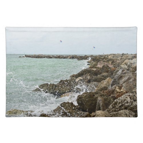 Beach Waves Crashing On A Rocky Seashore Cloth Placemat