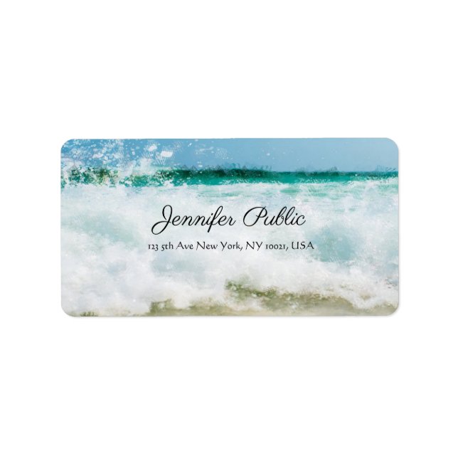 Beach Waves Elegant Oil Painting Modern Script Label (Front)