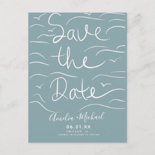 Beach Waves Hand-Drawn Script Save the Date Photo Postcard
