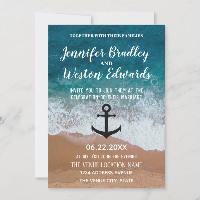 Beach Waves Monogram Anchor Nautical Wedding Invitation (Front)