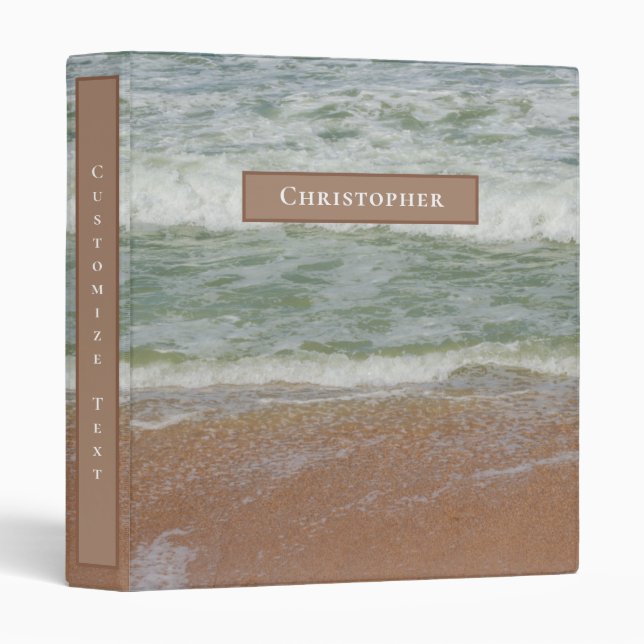 Beach Waves Ocean Coastal Modern Custom Name Label 3 Ring Binder (Front/Spine)
